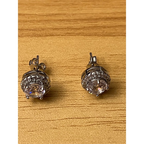 Jewelry - Silver Tone Round Halo Cubic Zirconia Stud Earrings Clear Stone Post Backs